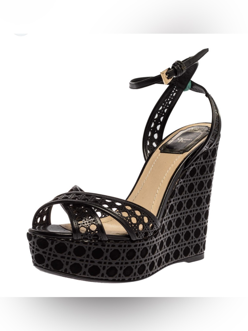 DIOR  Black Leather Cannage  Cutout Wedge Platform Sandals  SZ 38 1/2